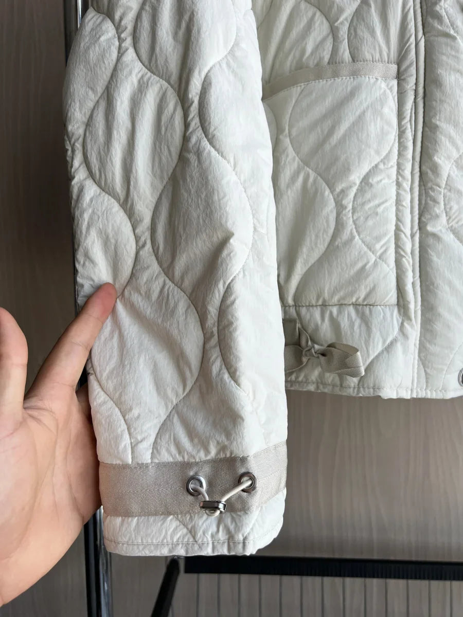 2024 ETJ Quilted Women's Coat – Beige Drawstring High Neck Jacket with Ties & Pockets