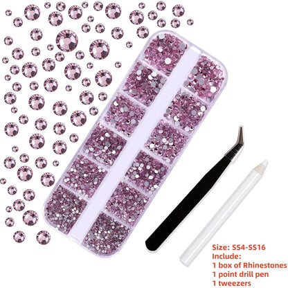 12-Grid 3D Glass AB Crystal Nail Art Rhinestones Kit – Flatback Round Beads with Tools for Nail Jewelry & Diamond Decoration