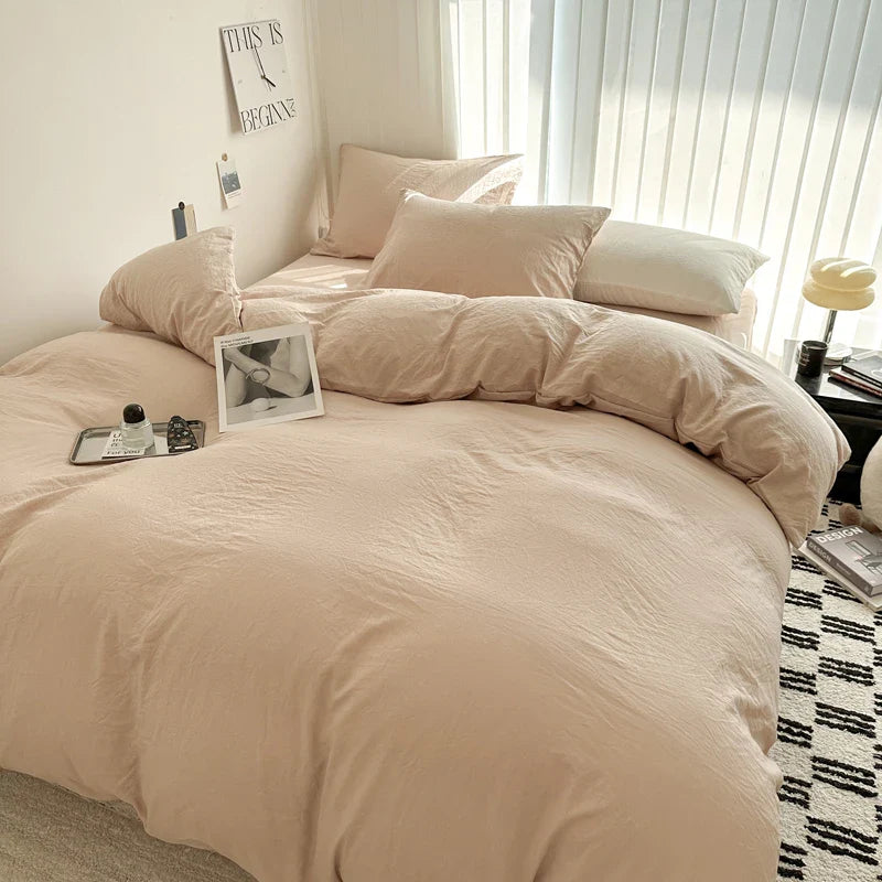 Solid Cotton Bedding Set - Sheet, Duvet Cover & Pillowcase, Single/Double/Twin/King/Queen Size
