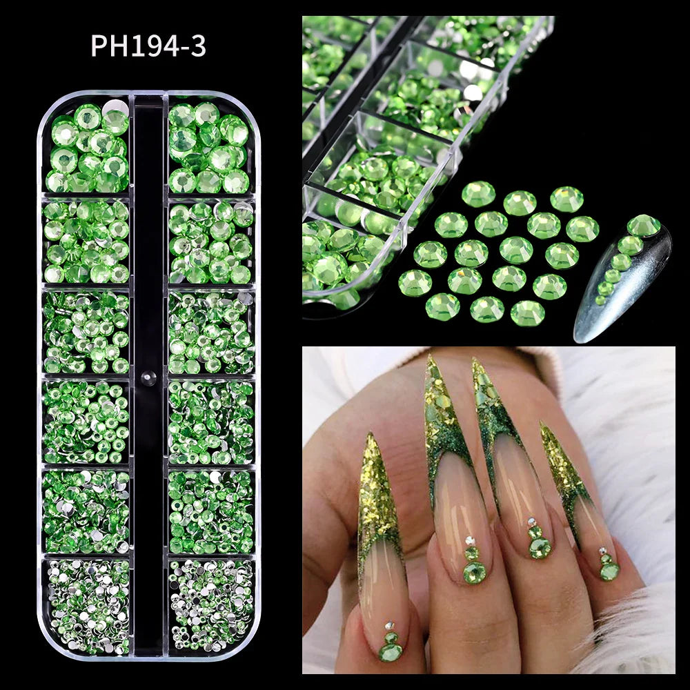 12-Grid 3D Glass AB Crystal Nail Art Rhinestones Kit – Flatback Round Beads with Tools for Nail Jewelry & Diamond Decoration