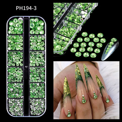 12-Grid 3D Glass AB Crystal Nail Art Rhinestones Kit – Flatback Round Beads with Tools for Nail Jewelry & Diamond Decoration
