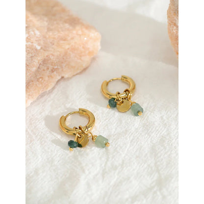 YACHAN 18K Gold-Plated Stainless Steel Hoop Earrings — Vintage Green Stone Charms, Trendy Waterproof Jewelry for Women