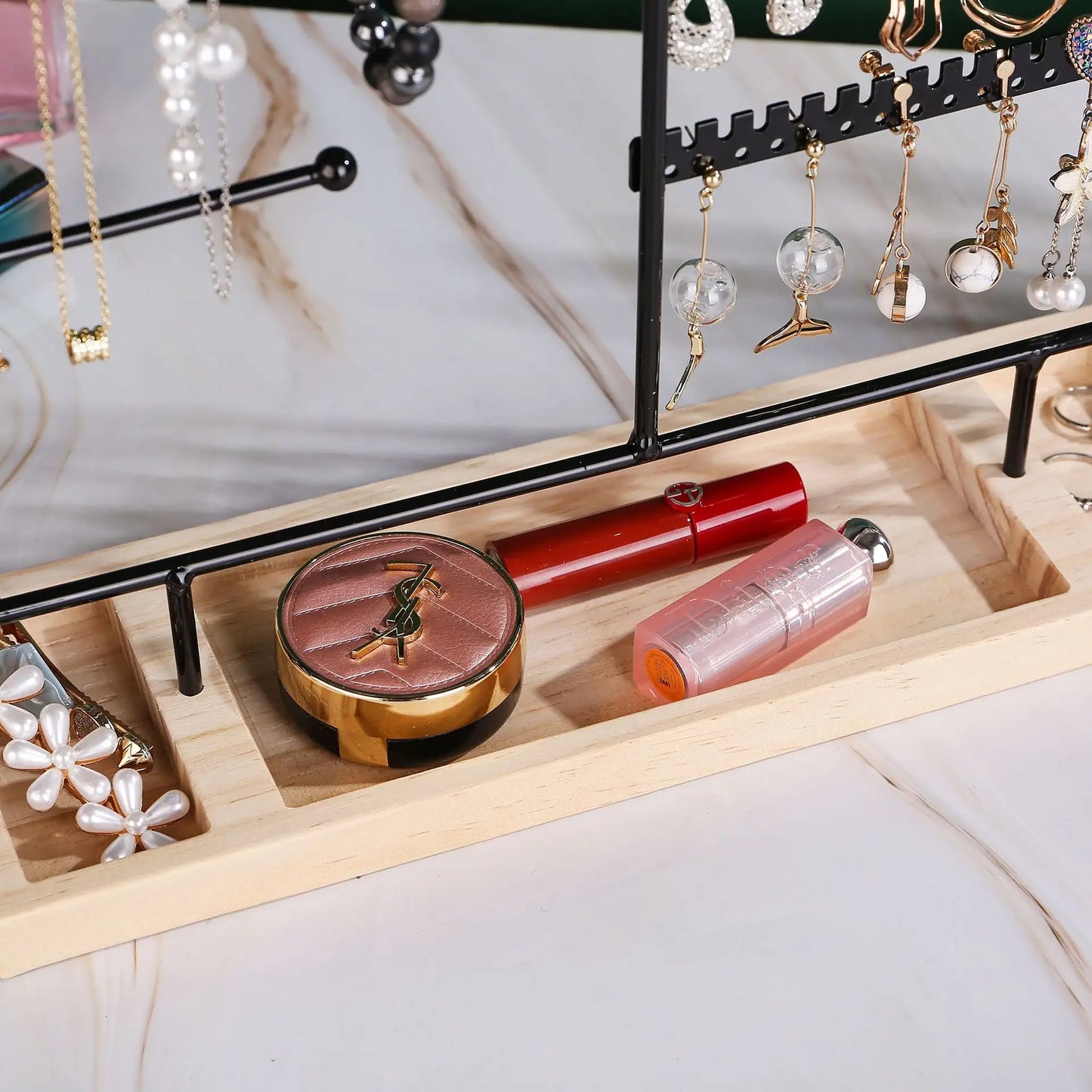 Multifunctional Jewelry Display Rack - Detachable Wooden Base Organizer for Earrings, Rings & Necklaces