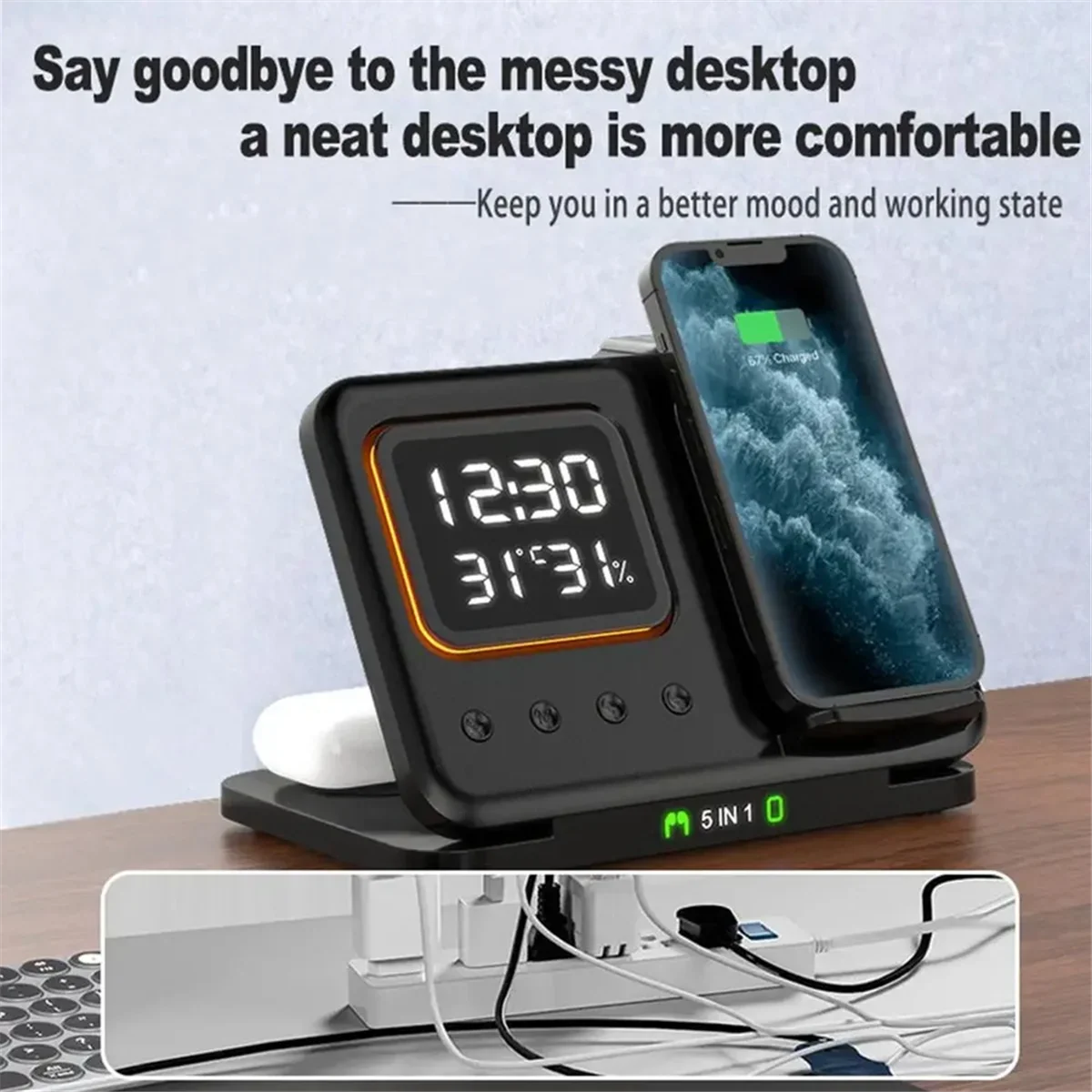 5-in-1 Foldable Wireless Charger Station - LED Digital Alarm Clock Fast Charging Dock for iPhone 15/14 & iWatch 8