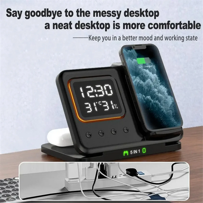 5-in-1 Foldable Wireless Charger Station - LED Digital Alarm Clock Fast Charging Dock for iPhone 15/14 & iWatch 8