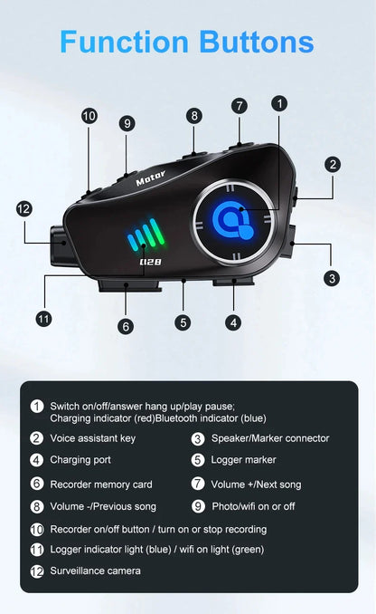 Motorcycle Bluetooth Helmet Headset BT5.3 - HD 1080P Driving Recorder, Wireless Camera & Call Headset with Hard Disk Video Recorder