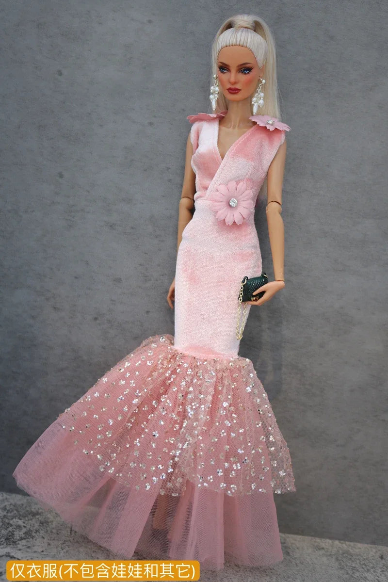 Handmade 1/6 Doll Dress – White & Pink Lace Ballet Evening Gown for Xinyi FR ST BB Dolls