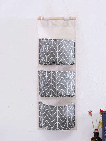 Three-Pocket Hanging Wall Storage Bag – Cotton Linen Organizer for Bedroom, Living Room & Kitchen