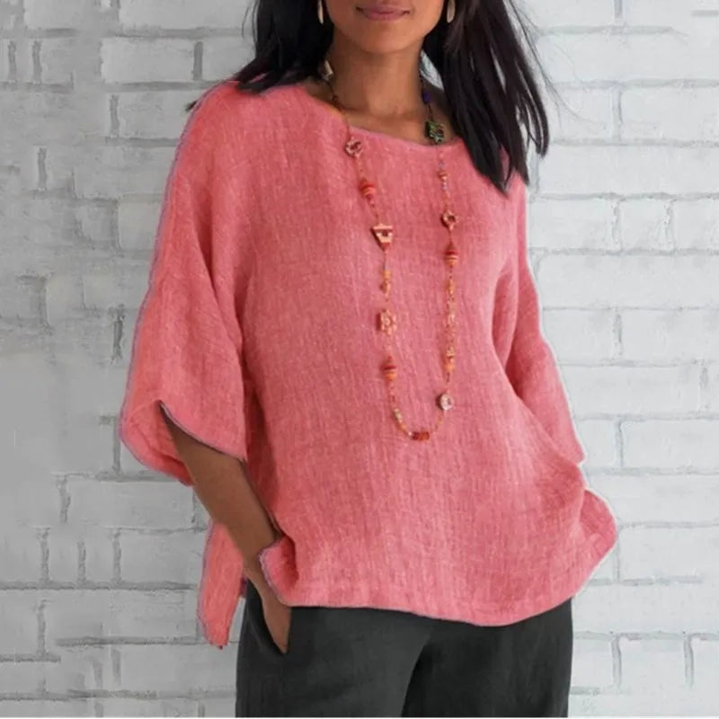 Women's Cotton Blouse Shirt - Loose 3/4 Sleeve O-Neck Casual Summer Streetwear Top