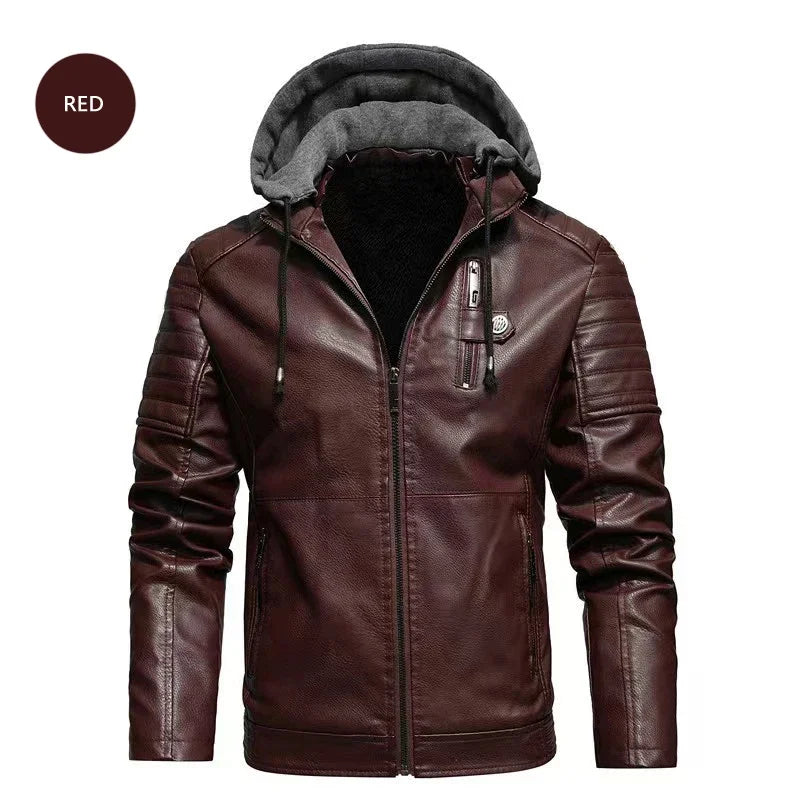 Fashion Men’s Hooded Faux Leather Jacket – Military Style Motorcycle Outwear with Zipper Pockets, Autumn Winter Coat