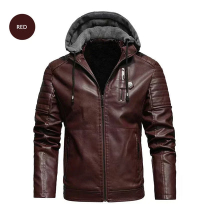 Fashion Men’s Hooded Faux Leather Jacket – Military Style Motorcycle Outwear with Zipper Pockets, Autumn Winter Coat