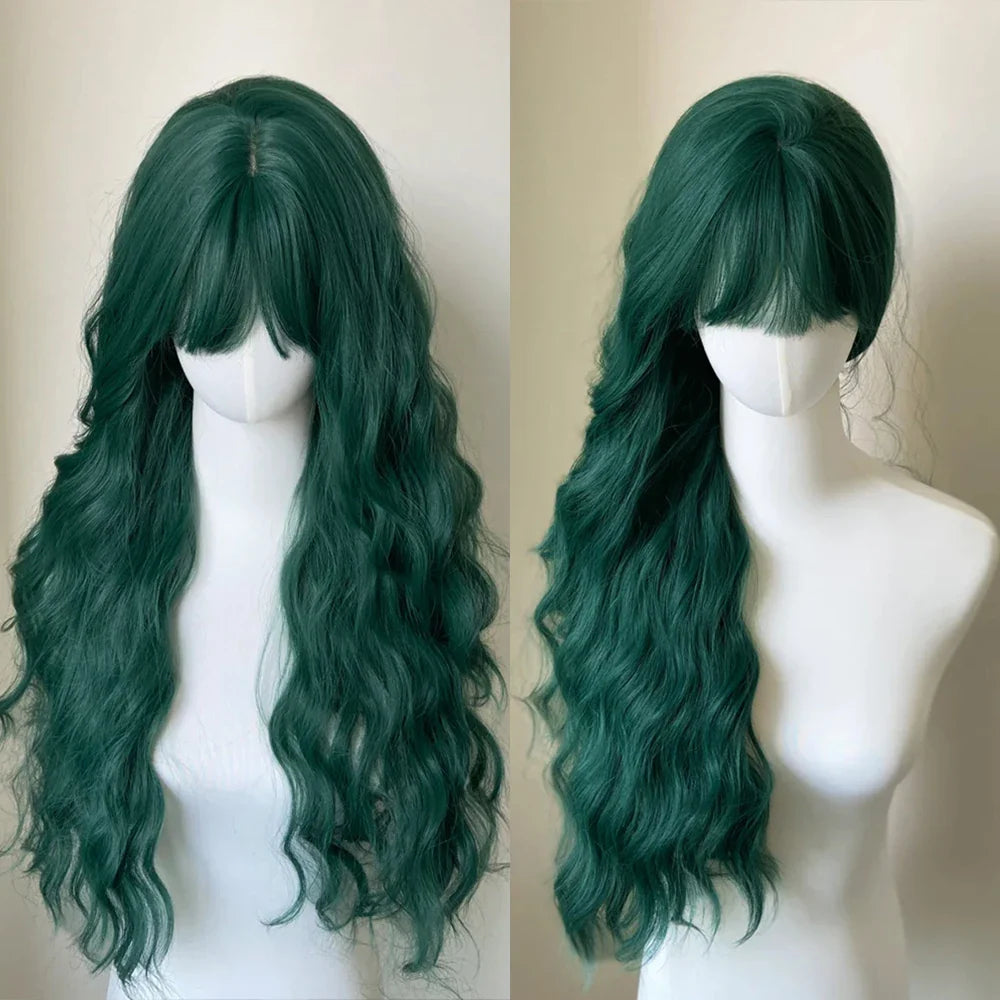 Light Green Long Wavy Synthetic Wig with Bangs – Blackish Green Cosplay & Lolita Style, Heat-Resistant for Women