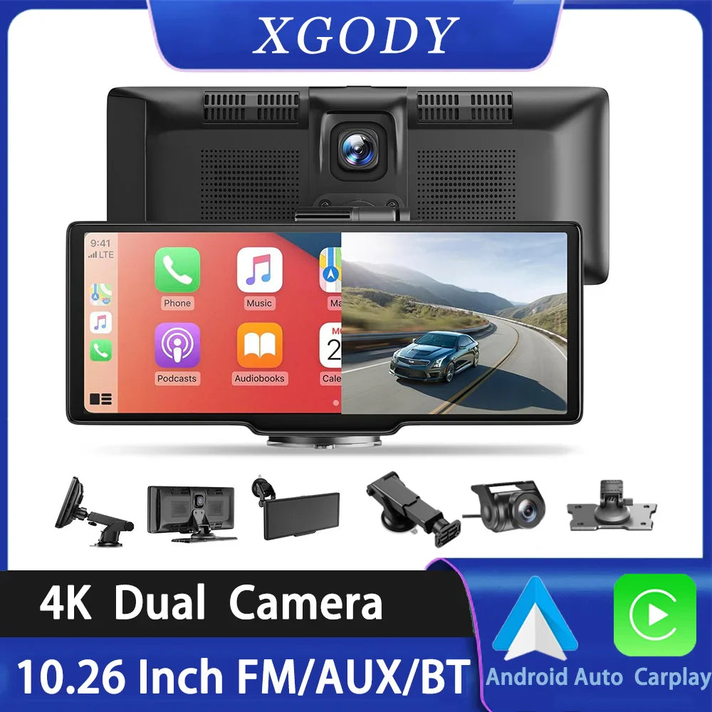 XGODY 10.26" 4K Dash Cam – Wireless CarPlay & Android Auto, Car DVR, GPS, WiFi, Rearview Camera, Dashboard Video Recorder