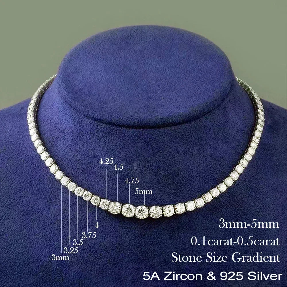 Moissanite Tennis Necklace with Certificate – 3–5mm Gradient Diamond Riviera Necklace in S925 Silver Choker for Women