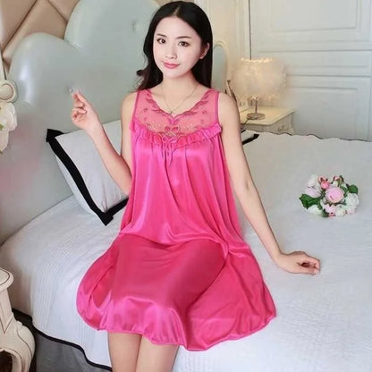 Midnite Star Women’s Ice Silk Sleepwear Set – V-Neck Lace Nightdress Pyjamas, Homewear Nightgown, Plus Size