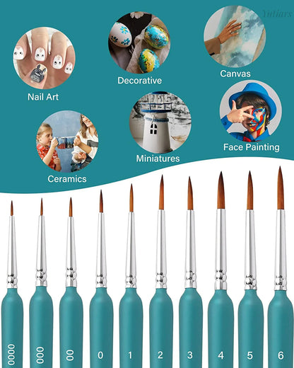 11pcs Miniature Weasel Hair Paint Brushes - Art Painting Brushes for Gouache, Watercolor, Oil Paints - Artists Hand-Painted Tools