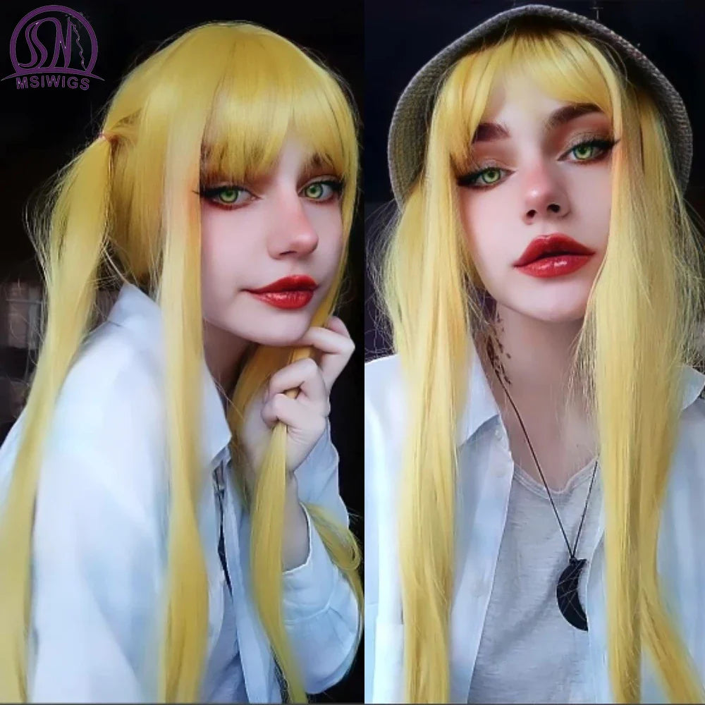 MSIWIGS Women's Synthetic Cosplay Lolita Wigs: Blue Pink Blonde Red Long Straight Hair with Cut Bangs for Party Lady Girl