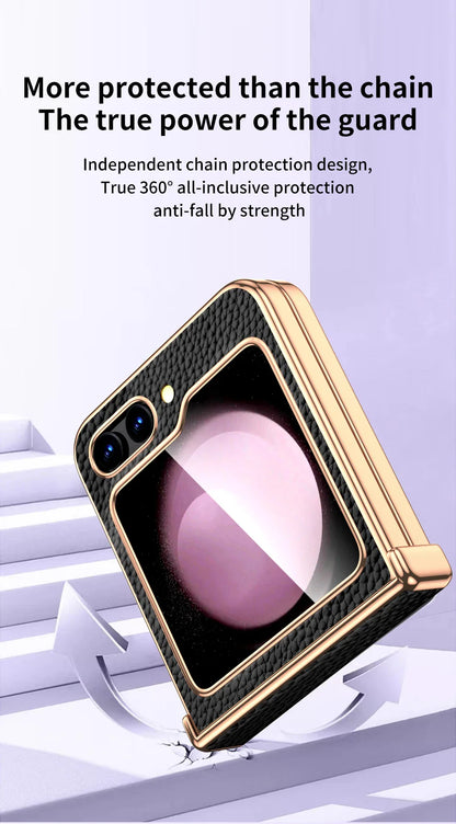 Cowhide Leather Samsung Galaxy Z Flip Case — Luxury Hinge Protection Cover with Tempered Glass for Flip 5/6/7