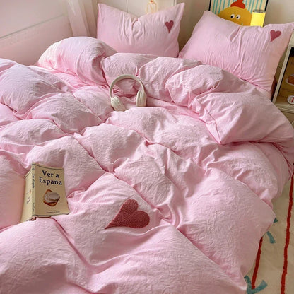 Washed Cotton Bedding Set - Soft Cool Duvet Cover, Bed Sheet & Heart-Shaped Towel Set