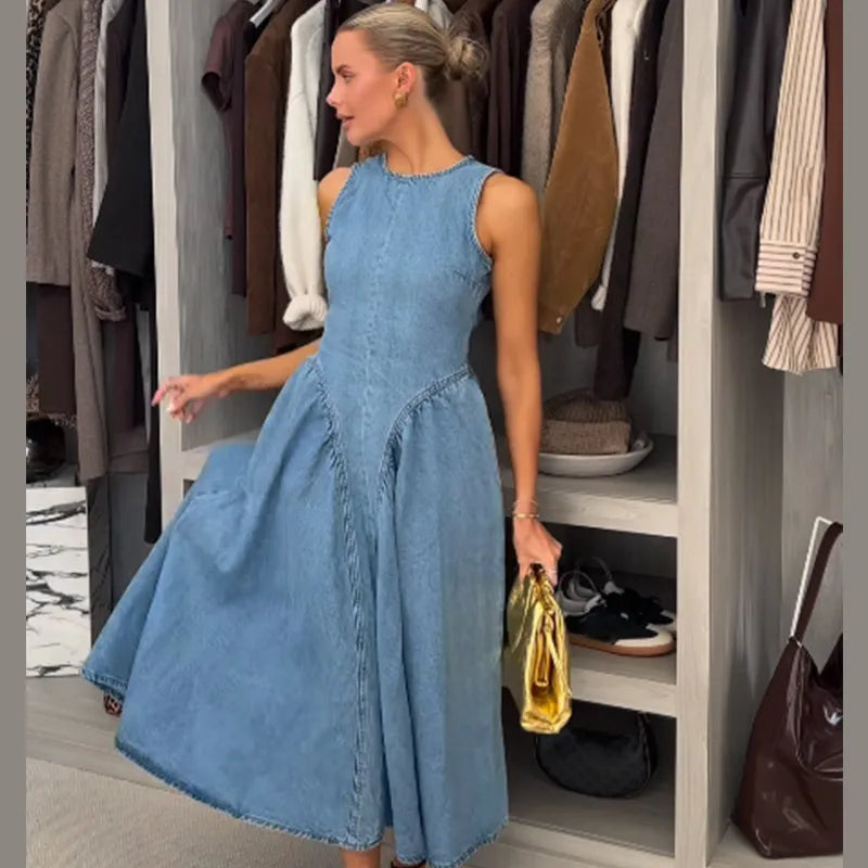 Elegant Pleated Denim Dress for Women – 2025 Chic Slim Fit Lapel Vestido with Short Sleeves & Single-Breasted Design