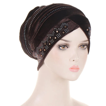 Women’s Glitter Diamond Turban Cap - Soft Velvet Pleated Head Wrap Muslim Headscarf Bonnet Beanie Cap