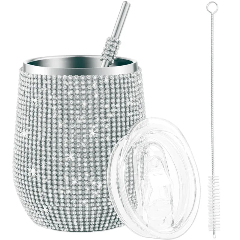 12oz Diamond Wine Tumbler with Sealed Lid - Vacuum Thermo Beer Mug, Stainless Steel Champagne Cup - Perfect for Parties and Bridesmaid Gifts