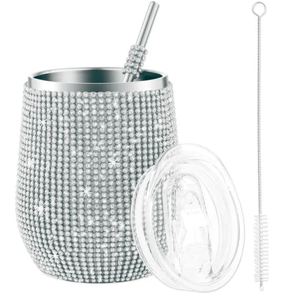 12oz Diamond Wine Tumbler with Sealed Lid - Vacuum Thermo Beer Mug, Stainless Steel Champagne Cup - Perfect for Parties and Bridesmaid Gifts