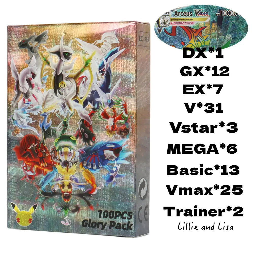 60-100Pcs English Pokemon Cards – Holographic EX, Vstar, Vmax, GX, Charizard, Mewtwo & Evolution Combos