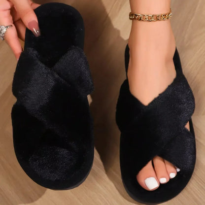 Women’s Cross Band Fur Slippers – Fluffy Open-Toe Plush Home Shoes with Soft Non-Slip Sole