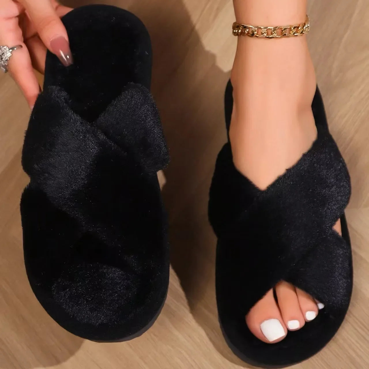 Women’s Furry Cross Slippers - Fluffy EVA Slides for Autumn and Winter