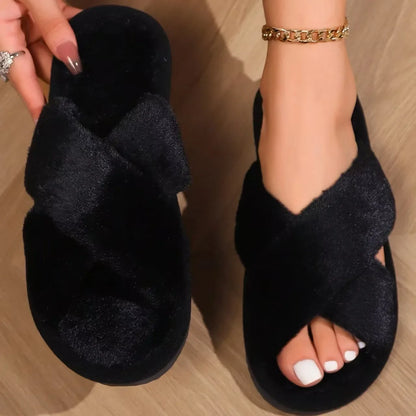 Women’s Furry Cross Slippers - Fluffy EVA Slides for Autumn and Winter