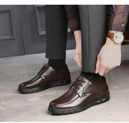 Men's Genuine Leather Casual Shoes - Soft Sole Lace-Up Loafers, Luxury Brand for Middle-Aged & Older Adults, Lightweight Dad Shoes