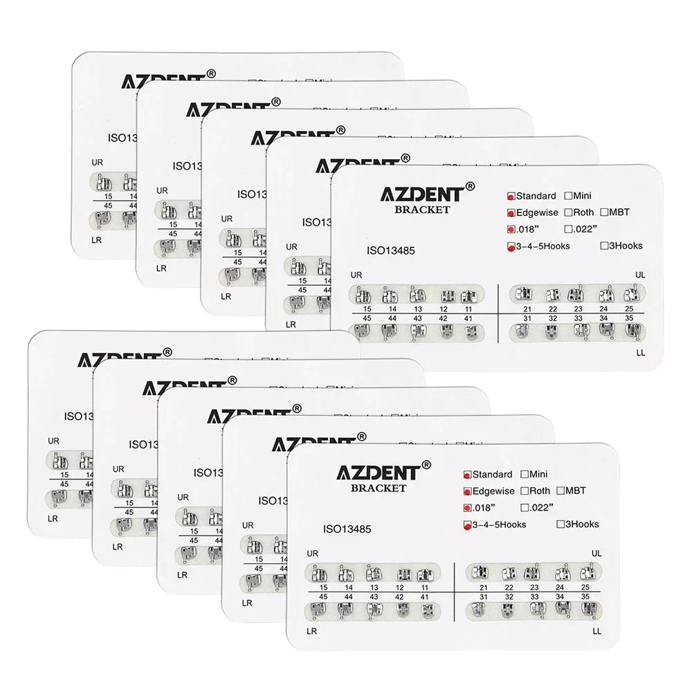 AZDENT 10 Packs Dental Brackets – Orthodontic Metal Mini Standard Roth MBT Slot 0.022/0.018 with Hooks, 20 Pcs per Pack