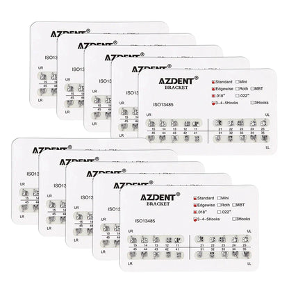 AZDENT 10 Packs Dental Brackets – Orthodontic Metal Mini Standard Roth MBT Slot 0.022/0.018 with Hooks, 20 Pcs per Pack