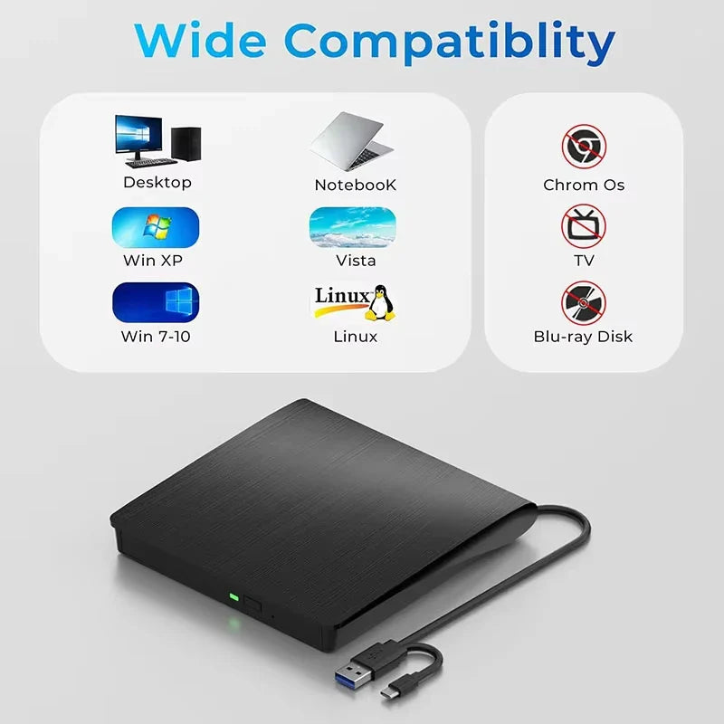 USB 3.0 Type-C External CD/DVD Drive – Slim USB 2.0 CD-RW/DVD-ROM Player for Laptops & Desktop PCs