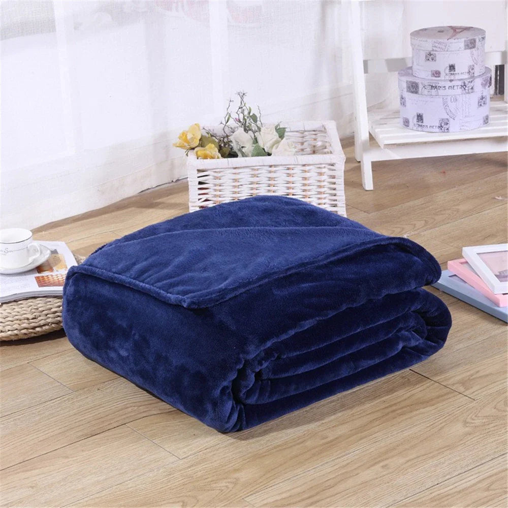 230GSM Coral Fleece Blanket – Soft Warm Flannel Bedspread & Sofa Cover in Blue & Pink