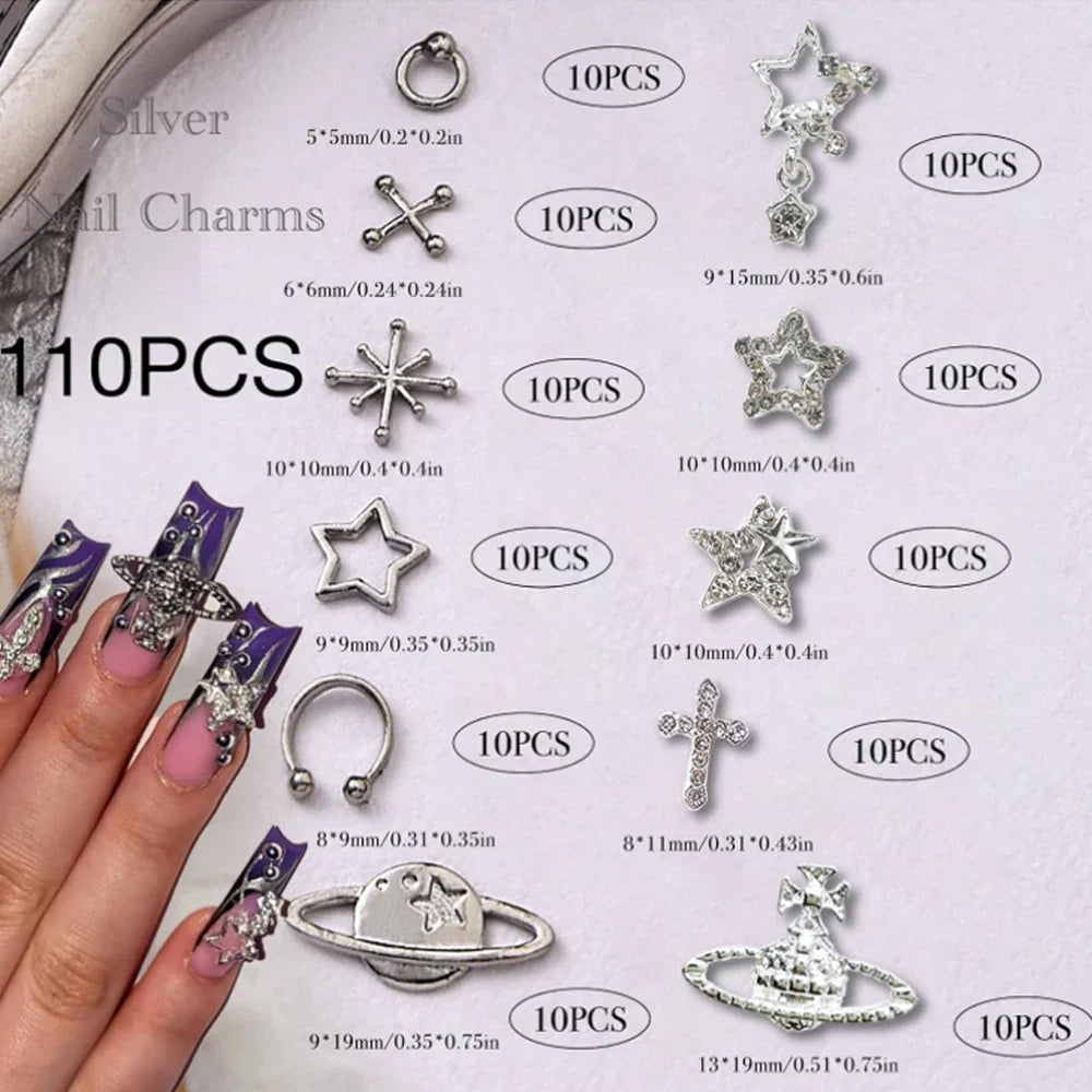 110PC Silver Star Nail Charms – Planet & Cross Alloy Nail Art Decorations