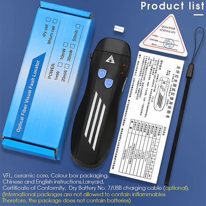 Rechargeable VFL Fiber Optic Cable Tester | Visual Fault Locator | Optional Power Levels (1/15/30/50mW) | Compatible with SC/FC/ST Connectors