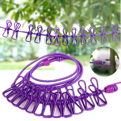 Portable Clothing Clothesline with 12 Clips - Retractable Laundry Dryer Clothes Rope Drying Rack for Outdoor Cloth Hanging