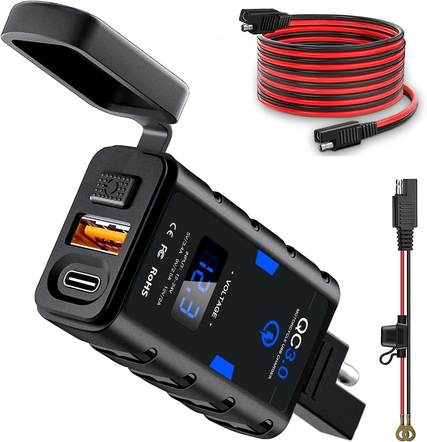 Anchtek 6.4A 12V Motorcycle USB Charger — QC3.0 + Type-C PD Fast Power Socket