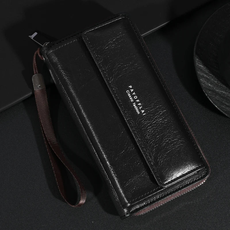 Men's PU Leather Zipper Handbag - Large Capacity Long Wallet Clutch with Phone Bag, Multi-Card Holder and Coin Purse