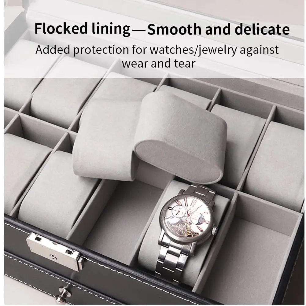 2024 12-Slot Leather Watch Storage Box — Lockable 2-Tier Organizer & Jewelry Display Drawer for Men & Women