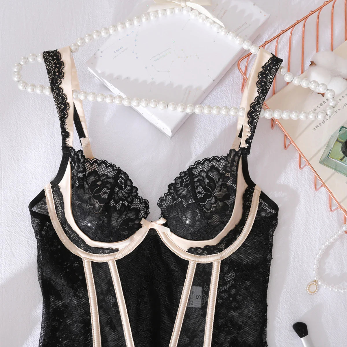 Ellolace Premium Sexy Women’s Lingerie – Willowy Corset 2PC Erotic Bowknot Set