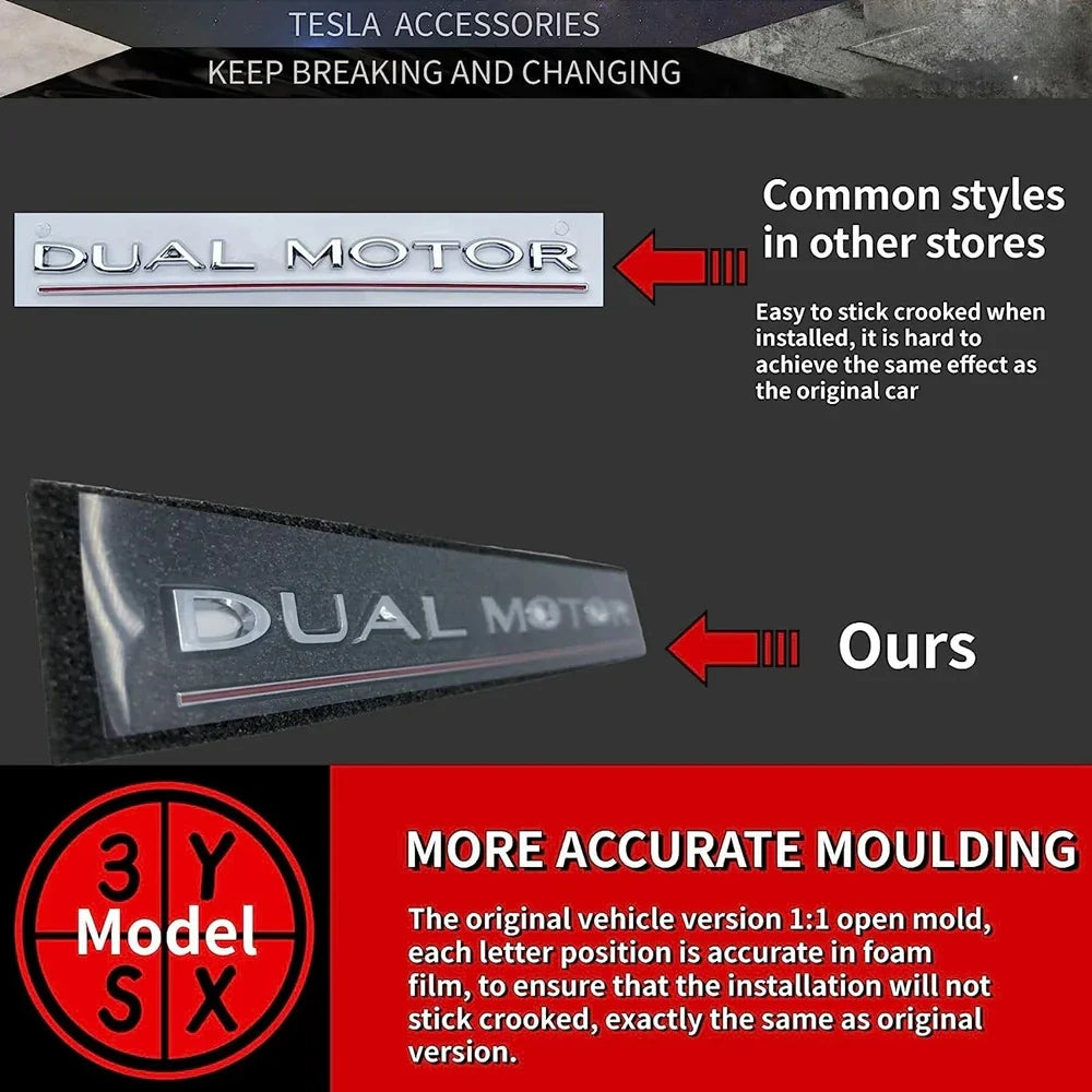 DUAL MOTOR Emblem for Tesla Model 3/Y/X/S — Chrome & Black/Red Trunk Badge Sticker, Car Styling