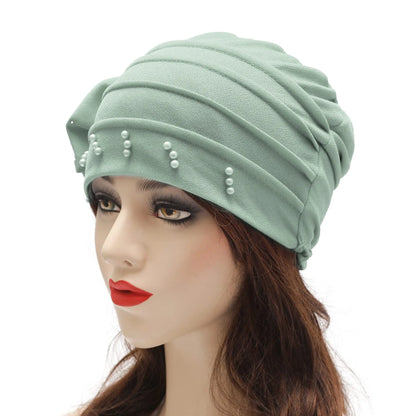 2024 Pearl Embellished Muslim Turban Beanie for Women – Elastic Hijab Headwrap with Flower Chemo Cap