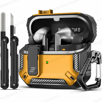 Shockproof Carbon Fiber Camouflage Case for Galaxy Buds 3 Pro – Secure Lock Clip & Cleaning Kit Included – Full Body Protective Cover