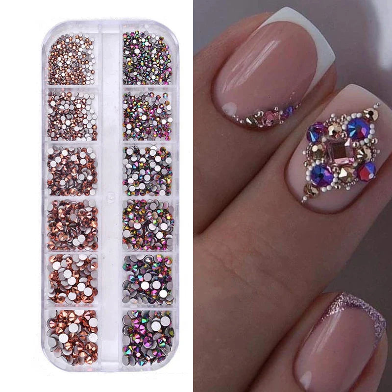 12-Grid 3D Glass AB Crystal Nail Art Rhinestones Kit – Flatback Round Beads with Tools for Nail Jewelry & Diamond Decoration
