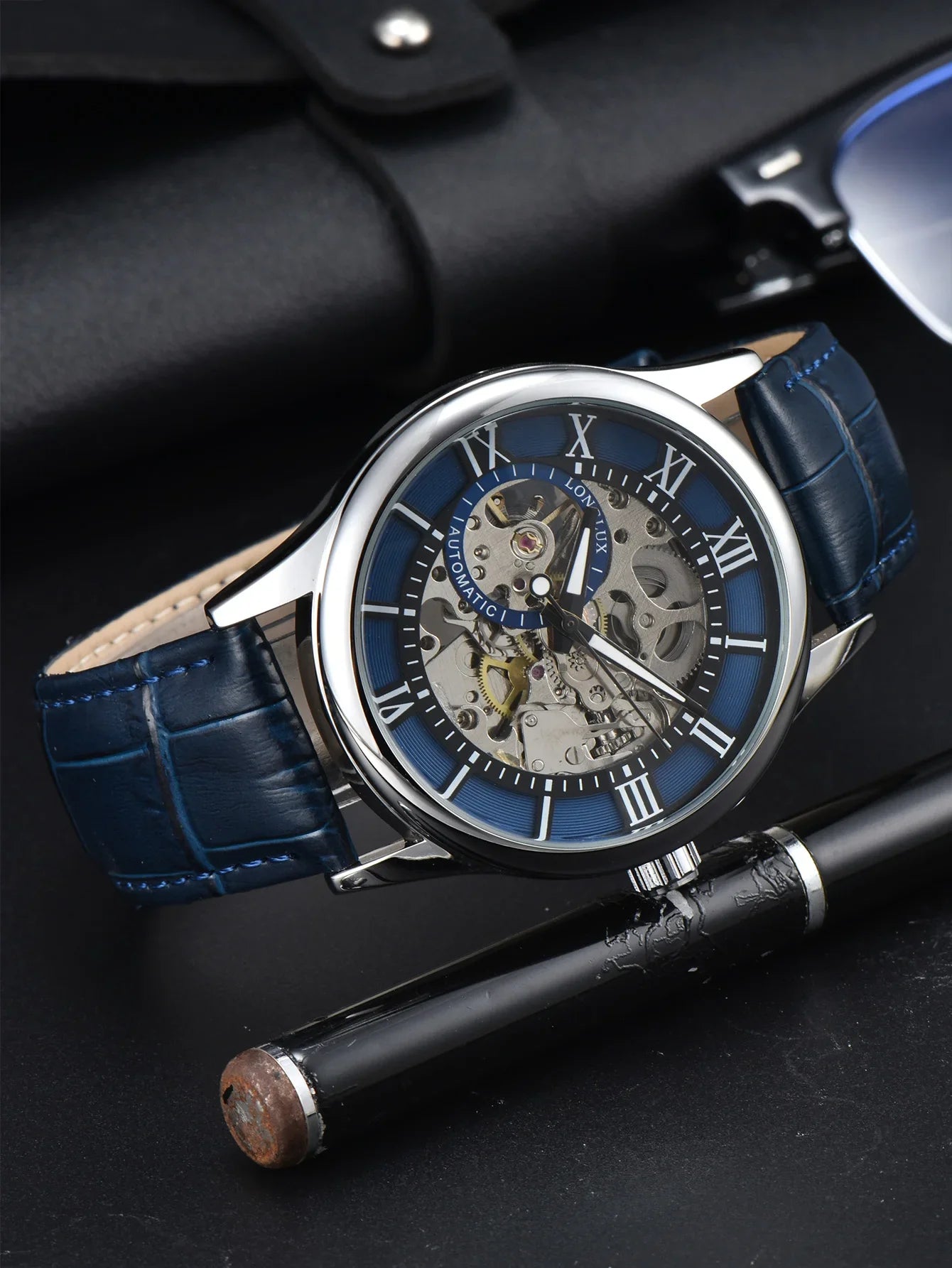 LONGLUX Rome Automatic Mechanical Waterproof Men’s Watch – Hollow Dial Leather Wristwatch Gift