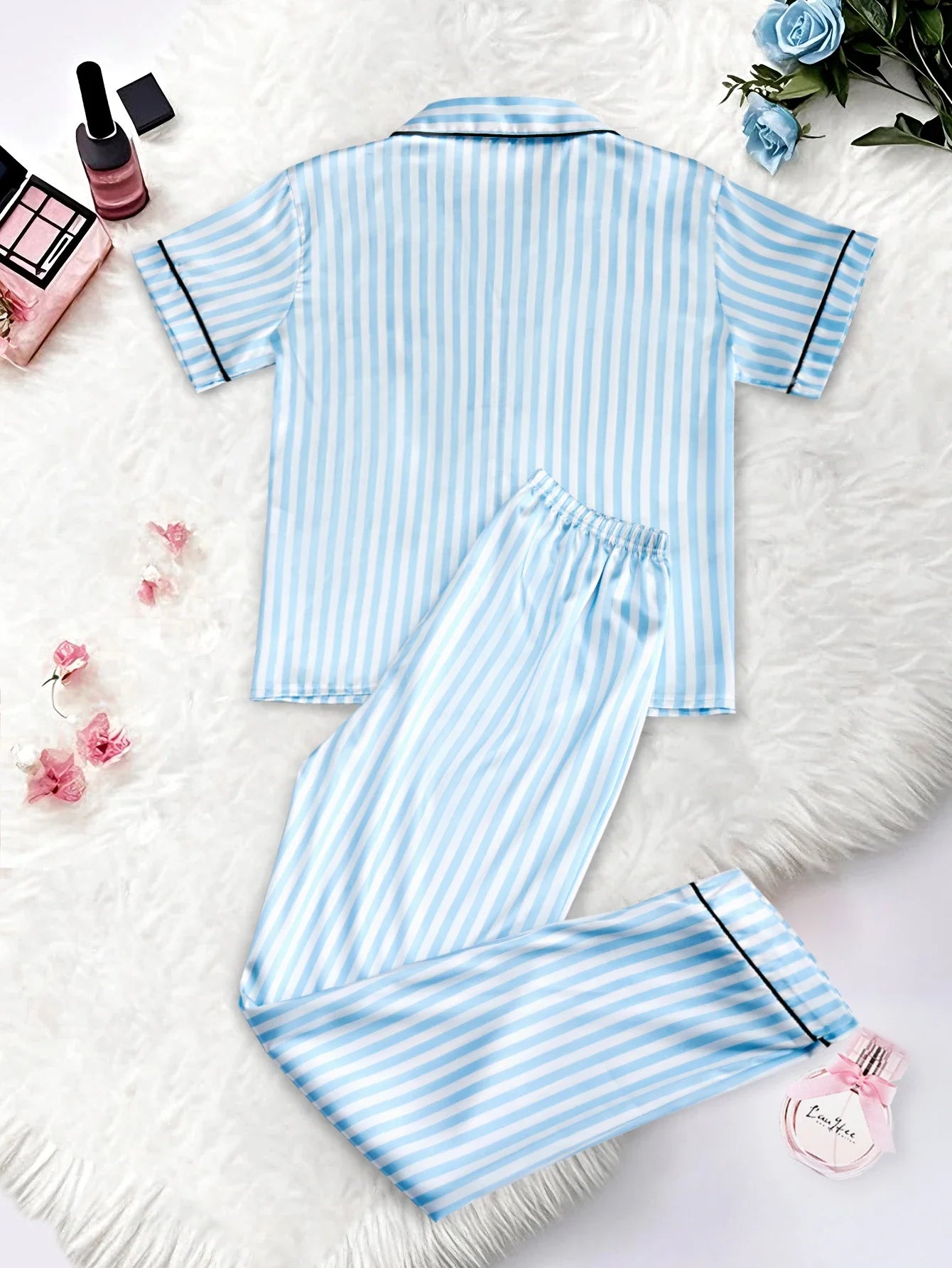 Classic Striped Satin Pajama Set – Short-Sleeve Top with Pocket & Long Pants Sleepwear with Lapel Collar