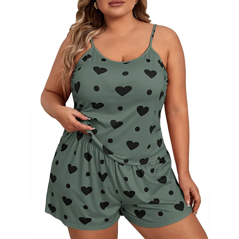 Plus Size Women’s Pajama Set — Sleeveless Heart Print Top & Elastic Waist Shorts, XL–XXXL Sleepwear Nightwear